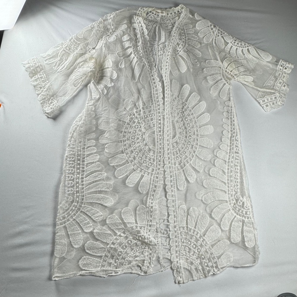 Simply Couture Womens White Lace Kimono Cardigan Floral Mesh Open Front Boho Top